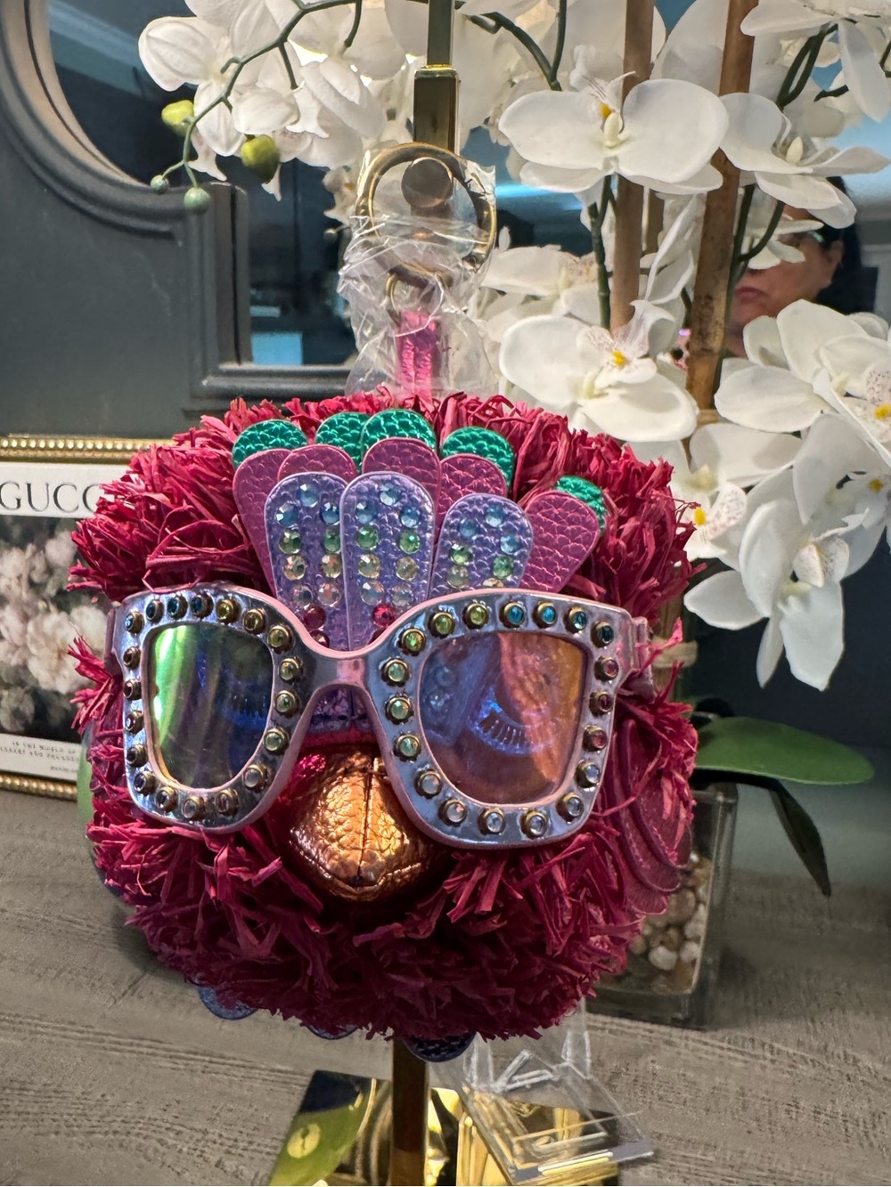 Kurt Geiger Pink Novelty Eagle Head with Sun Glasses Metallic Feathers Charm